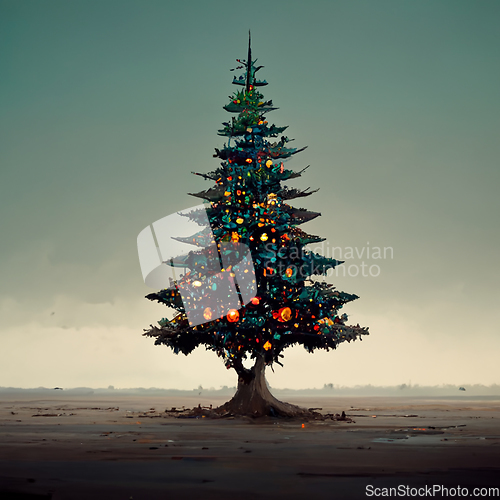 Image of Christmas tree with decorations and gift boxes. Holiday backgrou
