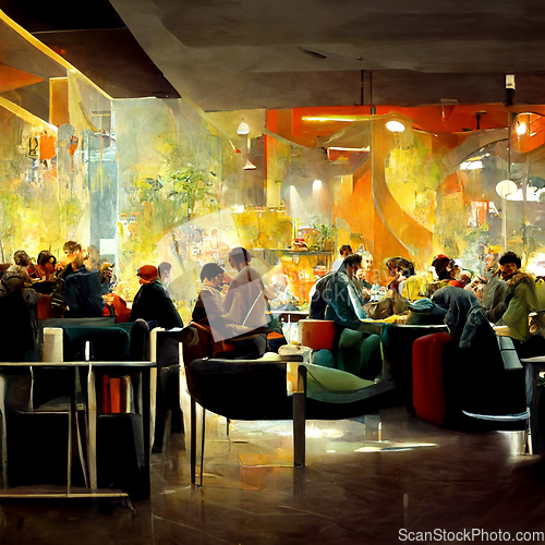 Image of People meeting in cafe, drinking beer in pub, sitting at table o