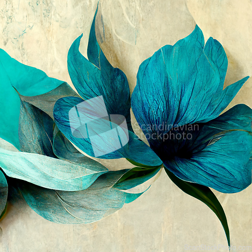Image of Blue and golden watercolor flower Illustration for prints, wall 