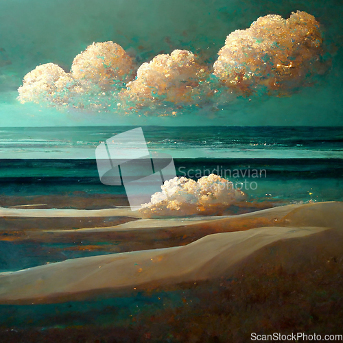 Image of Sea beach landscape. Ocean view panorama, water sand and clouds.