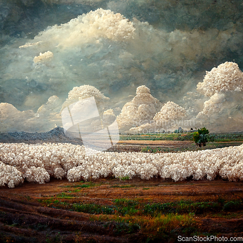 Image of Cotton fields ready for harvesting, snow mountains and clouds.