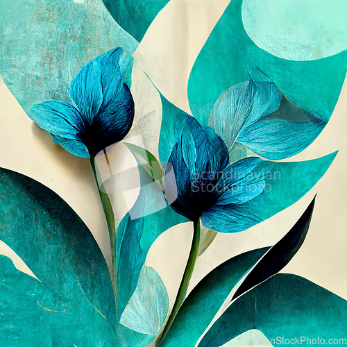 Image of Blue and golden watercolor flower Illustration for prints, wall 