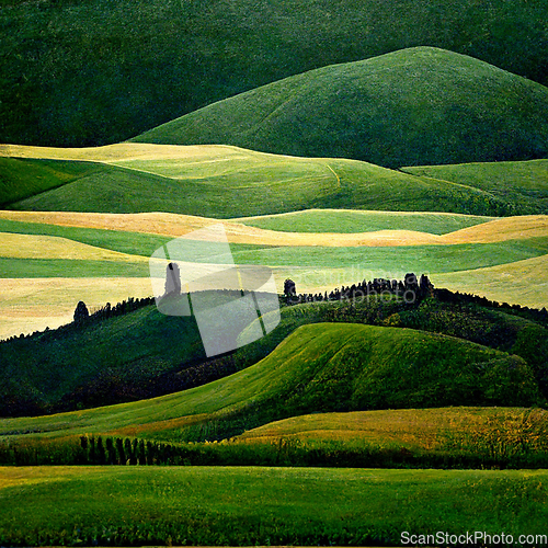 Image of Well known Tuscany landscape with grain fields, cypress trees an