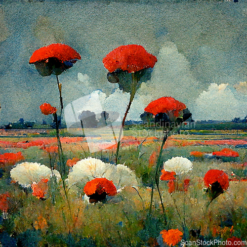 Image of Beautiful poppy field and cloudy sky. Spring flower background, 