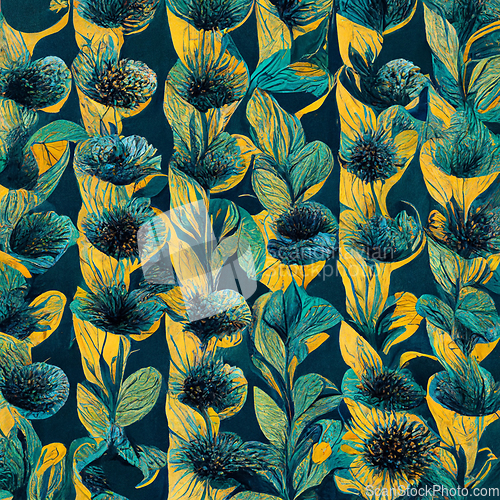 Image of Teal and yellow abstract flower pattern for prints, wall art, co