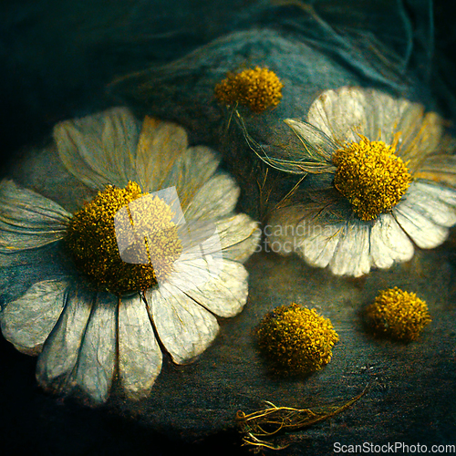 Image of Realistic digital generated illustration of chamomile flowers.