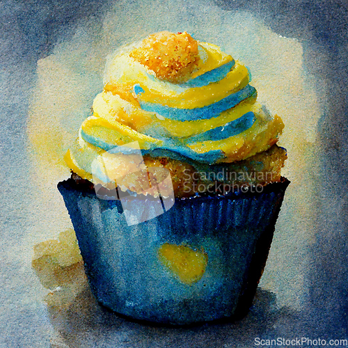 Image of Yellow and blue watercolor cupcake decorated with fruits. Delici