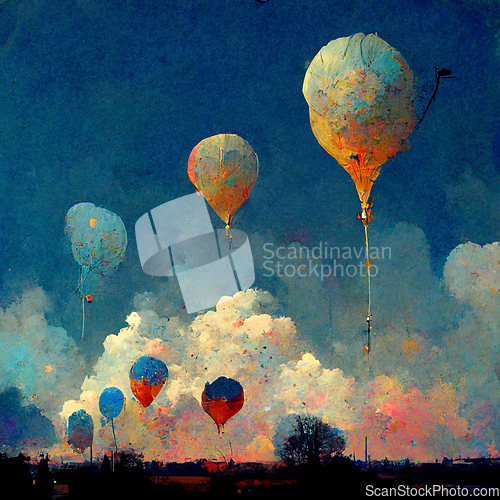 Image of Beautiful fantasy hot air balloons against a blue sky and clouds