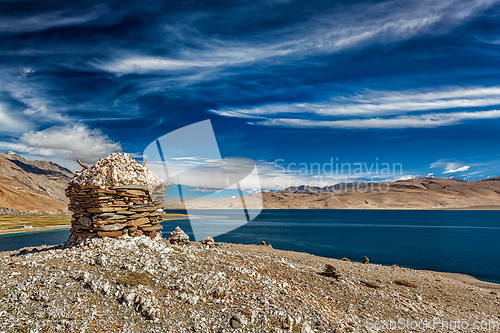 Image of Stone cairn at Himalayan lake Tso Moriri,