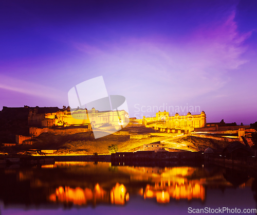 Image of Amer Fort (Amber Fort) at night in twilight. Jaipur, Rajastan,