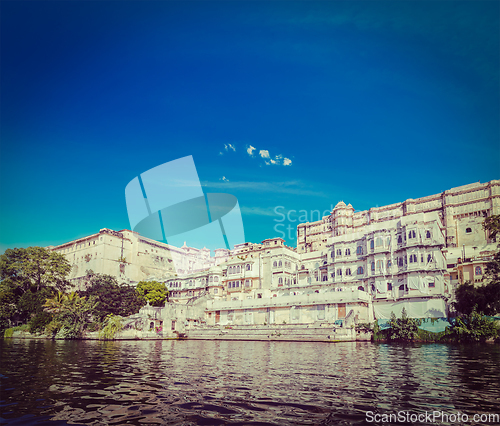 Image of City Palace view from the lake. Udaipur, Rajasthan, India