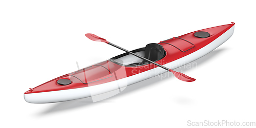 Image of Red plastic kayak with paddle