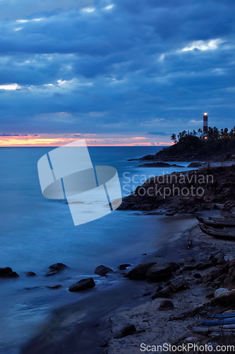 Image of Kovalam Vizhinjam lighthouse on sunset. Kerala, India