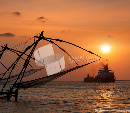 Image of Chinese fishnets on sunset. Kochi, Kerala, India