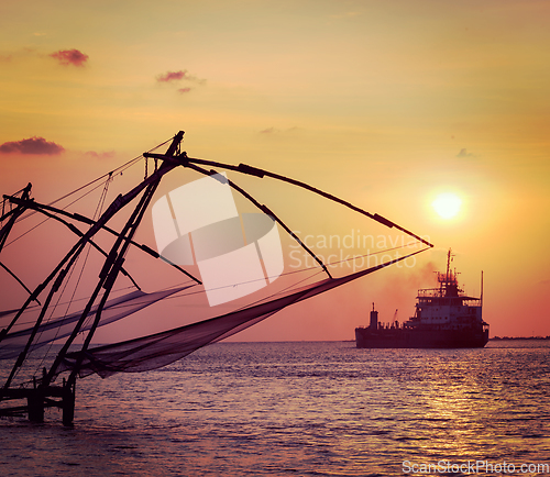 Image of Chinese fishnets on sunset. Kochi, Kerala, India