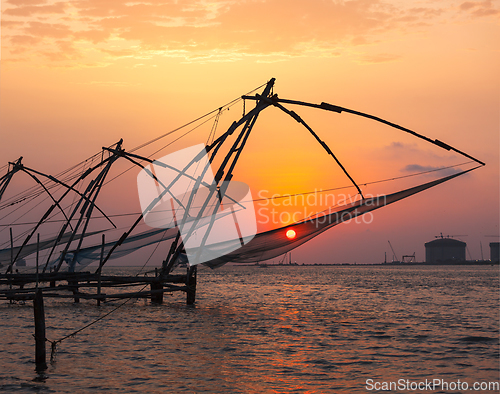 Image of Chinese fishnets on sunset. Kochi, Kerala, India