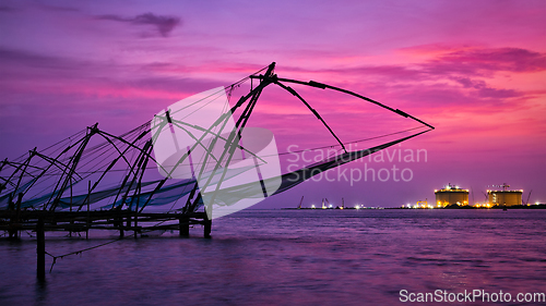 Image of Chinese fishnets on sunset. Kochi, Kerala, India