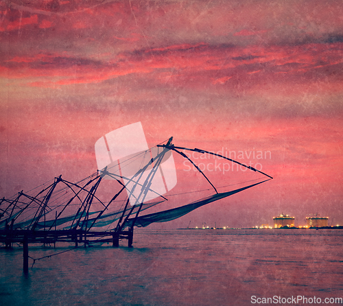 Image of Chinese fishnets on sunset. Kochi, Kerala, India