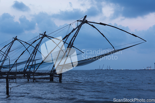 Image of Chinese fishnets in twilight. Kochi, Kerala, India