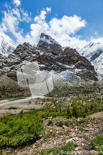 Image of Lahaul valley in Himalayas with snowcappeped mountains. Himachal Pradesh, India