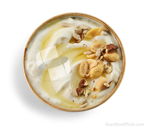 Image of greek yogurt with honey syrup and nuts
