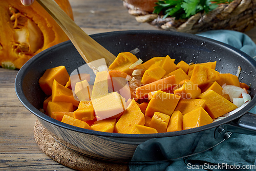 Image of sliced pumpkin pieces on cooking pan