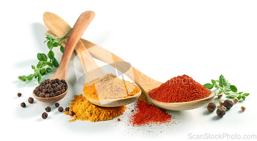 Image of various spices in wooden spoons