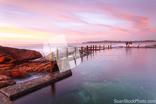 Image of Serene pastel colours of early dawn morning light at Mahon Pool