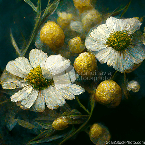 Image of Realistic digital generated illustration of chamomile flowers.