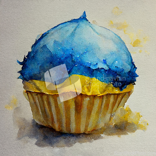 Image of Yellow and blue watercolor cupcake. Delicious vanilla cake with 