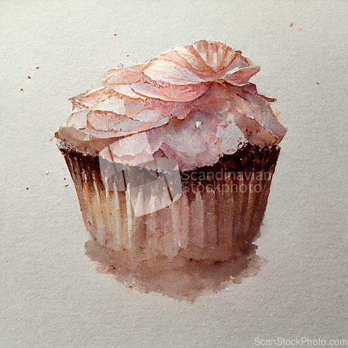 Image of Pink watercolor cupcake decorated with fruits. Delicious vanilla