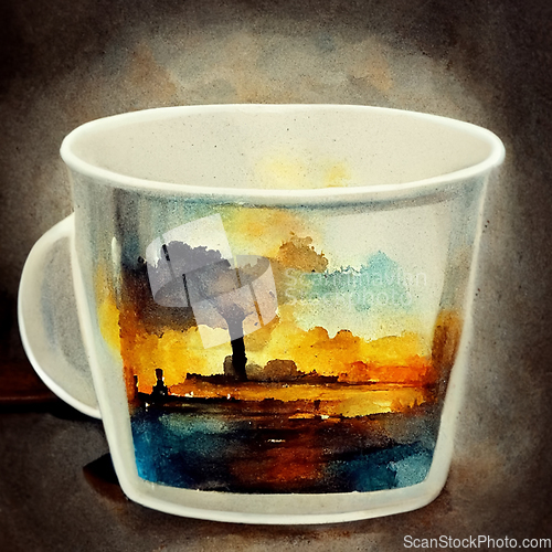 Image of Watercolor drawing ceramic cup of hot coffee with milk or cappuc