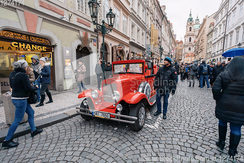 Image of Famous historic car Praga in Prague street