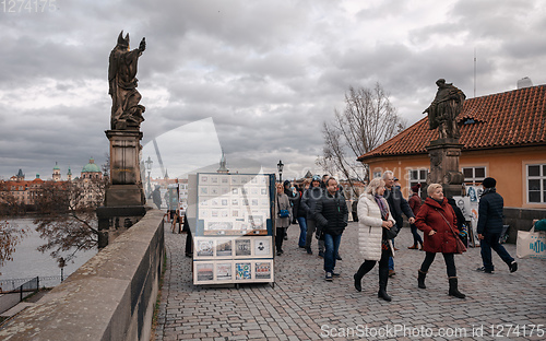 Image of Charles Bridge with crowd of tourist