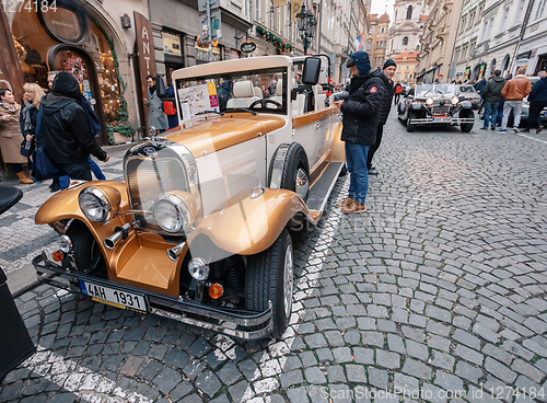 Image of Famous historic car Praga in Prague street