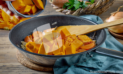 Image of fresh sliced pumpkin on frying pan