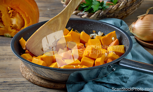 Image of sliced pumpkin pieces on cooking pan