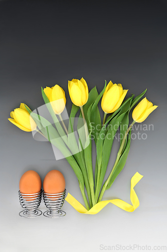 Image of Spring Easter Abstract with Tulips and Fresh Eggs