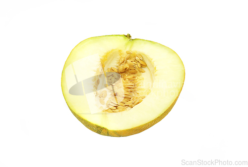 Image of Cut melon with seeds isolated on white background