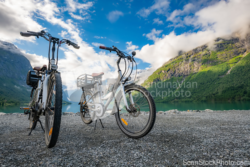 Image of Electric bicycle on the background of nature Norway