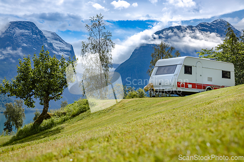 Image of Family vacation travel RV, holiday trip in motorhome