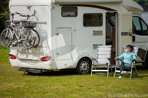 Image of Family vacation travel RV, holiday trip in motorhome