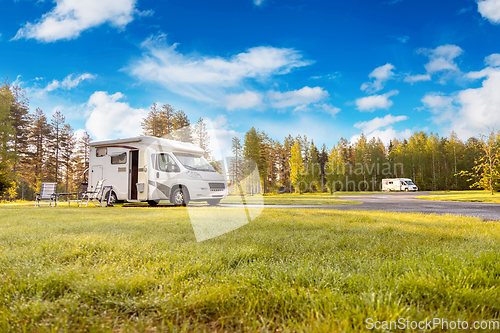 Image of Family vacation travel RV, holiday trip in motorhome