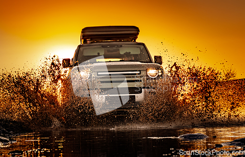 Image of Off road tourist car rides off-road in the highlands. Expedition