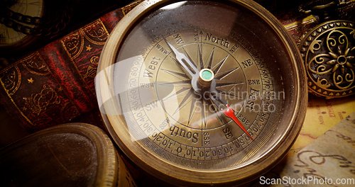 Image of Vintage style travel and adventure. Vintage old compass and othe