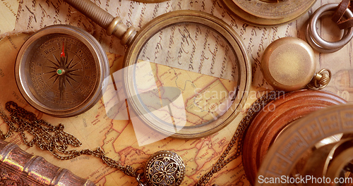 Image of Vintage style travel and adventure. Vintage old compass and othe