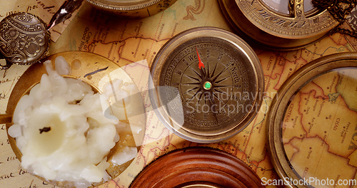 Image of Vintage style travel and adventure. Vintage old compass and othe