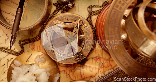 Image of Vintage style travel and adventure. Vintage old compass and othe