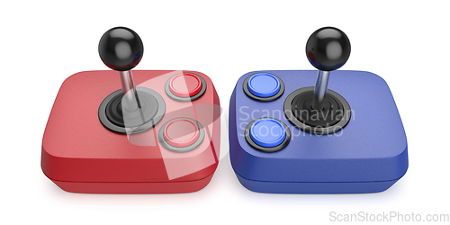 Image of Red and blue computer joysticks