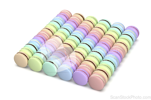 Image of Many rows with colorful french macarons
